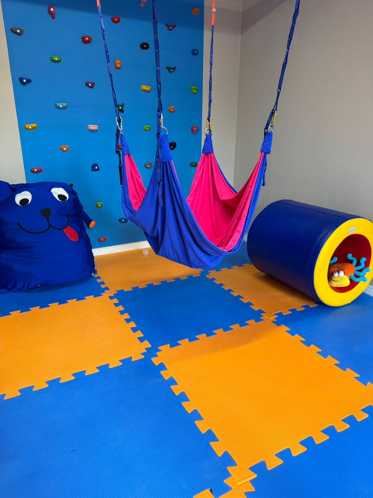 Sala de Integração Sensorial da Neuro UP com balanços, rolos e texturas